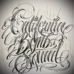 Detailed black and grey calligraphy tattoo featuring the phrase 'California Bomb Squad' with intricate swirls and star accents. Dynamic lettering and shading.
