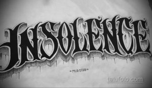 Черно-белый эскиз татуировки надписи 'Insoulence' в стиле граффити с объемными буквами и эффектом тени.