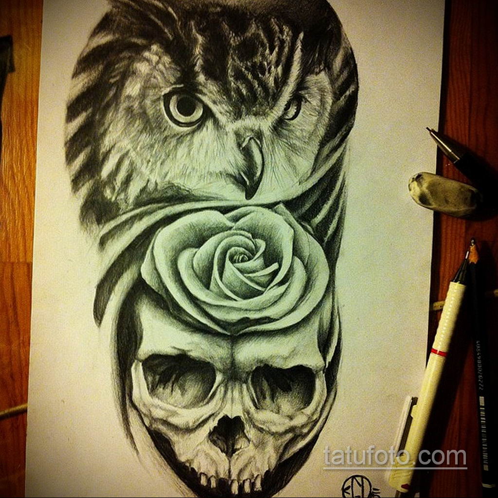 тату сова череп эскиз 17.09.2019 №014 - Owl tattoo skull sketch - tatufoto.com