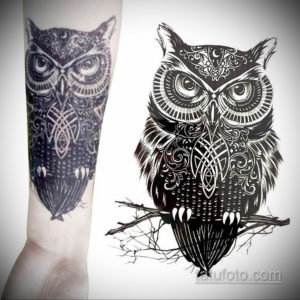 Черно-белое фото татуировки совы в технике blackwork, выполненной на руке. Изображение состоит из плотных черных заливок и геометрических узоров.
