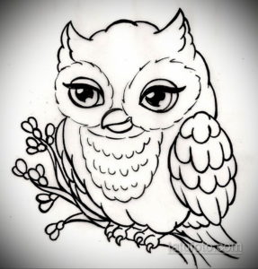 Черно-белое фото эскиза тату совы в мультяшном стиле, сидящей на ветке с цветами. Идеально для тех, кто любит милые и забавные рисунки.