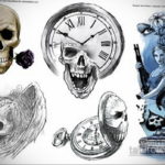 тату череп с часами эскизы 17.09.2019 №029 - skull tattoo with clock sketche - tatufoto.com