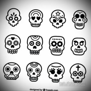 Фото с подборкой эскизов сахарных черепов в стиле Day of the Dead. Разнообразные дизайны для любителей мексиканской культуры.