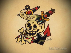 Традиционный эскиз татуировки в стиле Sailor Jerry: череп с трубкой, кинжалом и шляпой. Яркие цвета и четкие линии.