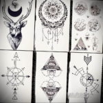 Коллаж из шести эскизов татуировок: олень и луна, мандала, геометрические узоры, треугольник с глазом и компас.