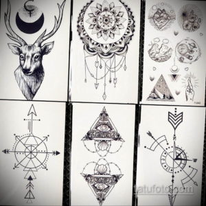 Коллаж из шести эскизов татуировок: олень и луна, мандала, геометрические узоры, треугольник с глазом и компас.