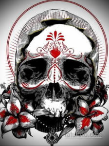 Фото тату в стиле Sugar Skull с изображением черепа, украшенного цветами, узорами и сердцем. Яркий и красочный дизайн.