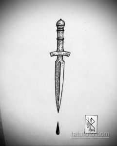 Черно-белый эскиз татуировки с изображением стилизованного кинжала, выполненного в технике pointillism. Под кинжалом – капля.