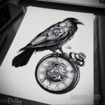 эскиз для тату ворон и часы 19.09.2019 №002 - sketch for raven tattoo and w - tatufoto.com