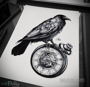 эскиз для тату ворон и часы 19.09.2019 №002 - sketch for raven tattoo and w - tatufoto.com