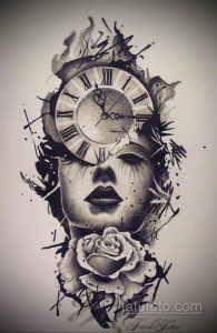 эскиз для тату девушка с часами 19.09.2019 №001 - sketch for tattoo girl with - tatufoto.com