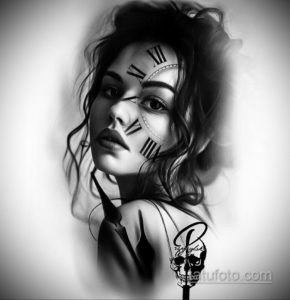 эскиз для тату девушка с часами 19.09.2019 №002 - sketch for tattoo girl with - tatufoto.com