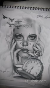 эскиз для тату девушка с часами 19.09.2019 №006 - sketch for tattoo girl with - tatufoto.com