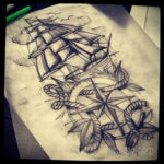эскиз для тату корабль компас 27.09.2019 №002 -sketch frigate tattoo- tatufoto.com