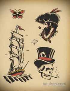 Фото тату в стиле олд скул: бабочка, парусник, пират и череп в шляпе. Яркие цвета и четкие контуры.