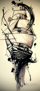 Черно-серый акварельный эскиз татуировки с изображением парусника и брызгами краски. Необычный и стильный дизайн.