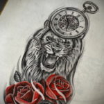 эскиз для тату лев и часы 19.09.2019 №002 - sketch for tattoo lion and watch - tatufoto.com