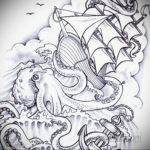 эскиз для тату осьминог корабль 27.09.2019 №008 -sketch frigate tattoo- tatufoto.com