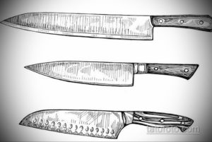 Фото тату с тремя эскизами ножей в стиле минимализм. Черно-белые рисунки с четкими линиями, демонстрирующие разные формы лезвий и рукояток.