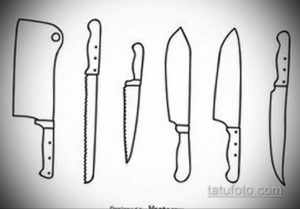 Эскиз татуировки: шесть кухонных ножей разной формы, расположенных в ряд. Черно-белый контурный рисунок.