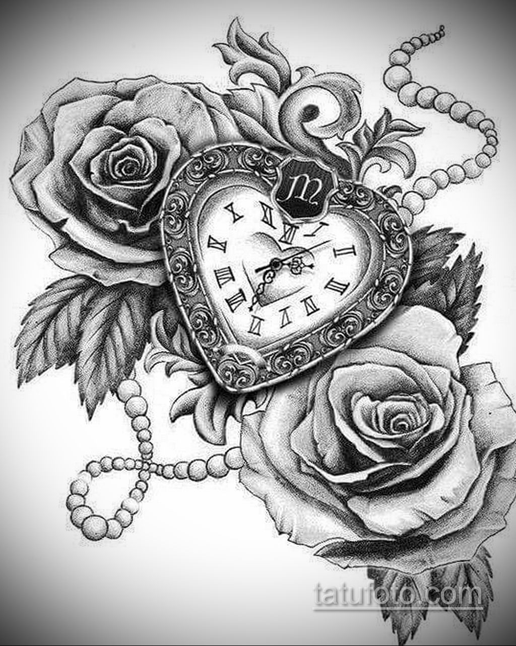 Эскиз тату часы с цветами