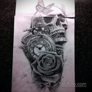 эскиз для тату череп и часы 19.09.2019 №013 - sketch for tattoo skull and wat - tatufoto.com