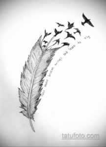 Фото тату: эскиз пера, из которого вылетают птицы, с надписью "take those broken wings and learn to fly". Символизирует преодоление трудностей.