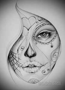 Черно-белый эскиз татуировки в стиле сахарной черепушки (calavera) с детальной прорисовкой глаз и узоров. Идея для тату на шею или плечо.