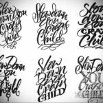 Коллаж из шести черно-белых эскизов татуировки с надписью 'Slow Down You Crazy Child', выполненных в различных стилях каллиграфии и леттеринга.