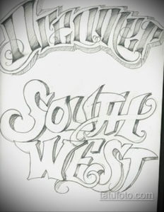 Черно-белый эскиз татуировки с надписями "Jah Life" и "South West", выполненными в стиле чикано с использованием объемных шрифтов и декоративных элементов.
