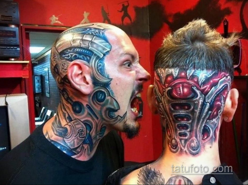 Cyber tattoo. Биомеханика тату. Тату на голове.