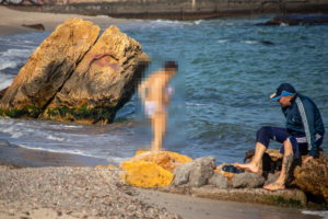 Фотография морского пейзажа с волнами, скалами и человеком на пляже. Часть изображения размыта, создавая эффект движения.