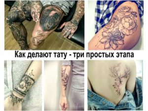 Фото коллажа с разными татуировками на руках, спине, ногах. Иллюстрация различных стилей и техник татуировки.