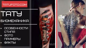 Коллаж из фотографий тату в стиле биомеханика. Изображены роботизированные элементы, интегрированные в кожу на предплечье и спине.