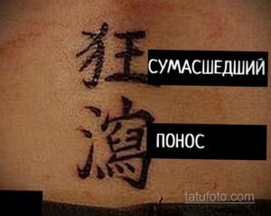 Фото тату на руке с китайскими иероглифами и надписью 'СУМАСШЕДШИЙ ПОНОС'. Рисунок выполнен в черном цвете, выглядит провокационно и абсурдно.