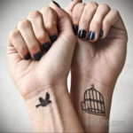 Фотография двух рук с парными татуировками: на одной руке изображена птица, на другой – клетка.