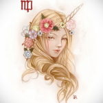 Красивый эскиз татуировки Девы с изображением девушки-единорога, украшенной цветочным венком. Идеально для мечтательных и творческих личностей.