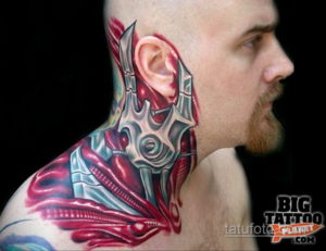 тату биомеханика на шее 31.10.2019 №011 - biomechanics tattoo - tatufoto.com