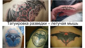 Фото коллажа с различными эскизами татуировок, связанных с военной разведкой, включая летающую мышь, парашютиста и другие символы.