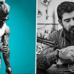 Фотография мужчины с обширными татуировками на руках и торсе, выполненными в черно-белом стиле.