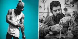 Фотография мужчины с обширными татуировками на руках и торсе, выполненными в черно-белом стиле.