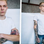 Фото тату на мужчине: надпись 'Loneliness' на лбу и татуировки на руках с изображением скальпа и цветов. Рисунок татуировки.