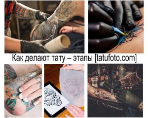 Коллаж фотографий, демонстрирующий процесс создания татуировки: эскиз, перенос на кожу, нанесение контуров и закрашивание.