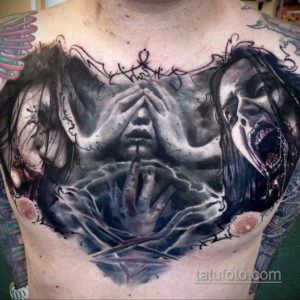 Фото тату на груди: изображение двух женских лиц, одно кричит, другое закрыто руками. Черно-белая татуировка в стиле реализм.