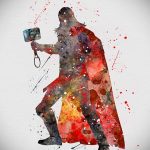 Фото акварельной татуировки на руке с изображением Тора, выполненной в технике размытия цветов и брызг краски.