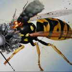 Необычный рисунок татуировки шмеля с авиационным двигателем и следами от выстрелов. Оригинальный эскиз тату для любителей смелых и креативных идей.