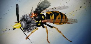 Необычный рисунок татуировки шмеля с авиационным двигателем и следами от выстрелов. Оригинальный эскиз тату для любителей смелых и креативных идей.