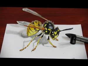Фотография рисунка татуировки осы, выполненного карандашом, с акцентом на детализацию крыльев и полосатого брюшка. Рука мастера дорабатывает рисунок.