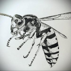 Фото тату: шершень, выполненный в технике точечной татуировки (dotwork), демонстрирует сложный узор из точек, создающий реалистичное изображение.