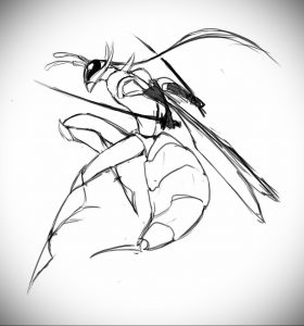 Фото эскиза татуировки осы, выполненного в стиле sketch (набросок) с использованием простых линий и минимальной детализации.